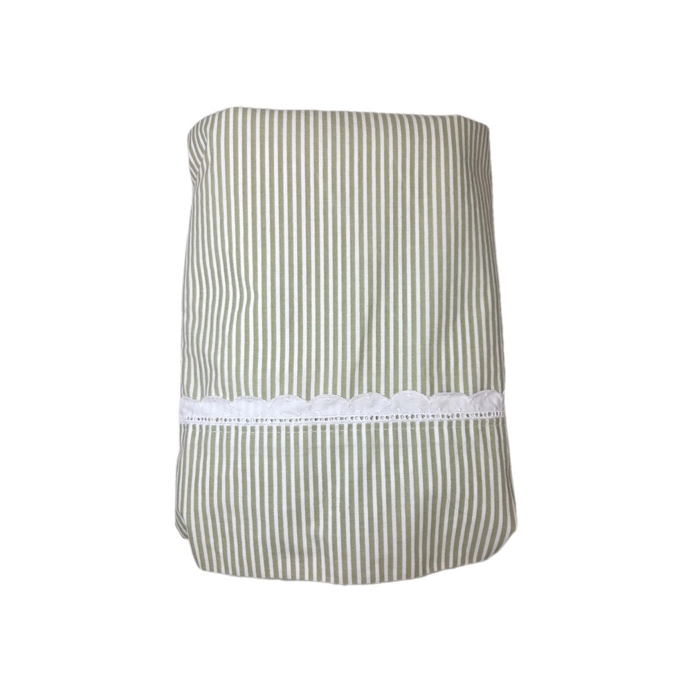 Vtg 90s Martha Stewart Everyday Green Stripe Scalloped Hemstitch Flat Sheet Twin